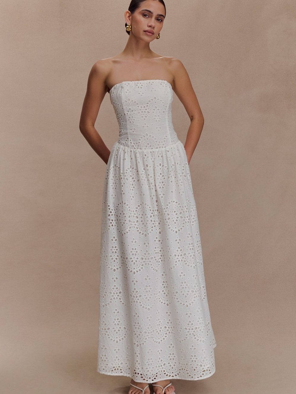Meshki White Strapless Eyelet Maxi Dress